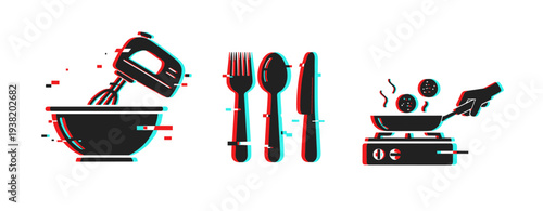 Electric mixer, cutlery set, frying pan cooking icons on white. Glitch effect