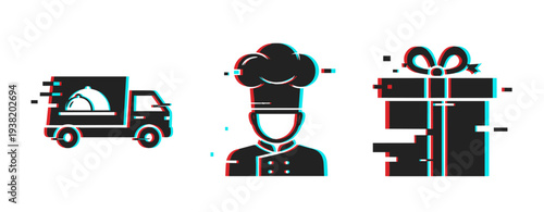 Food delivery truck, chef, and gift box shown in row. Glitch effect