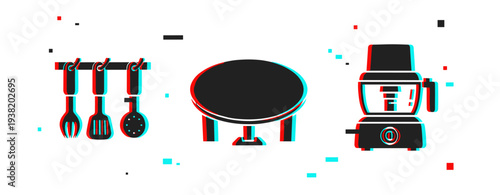 Kitchen utensils table and blender appliance icons on white. Glitch effect