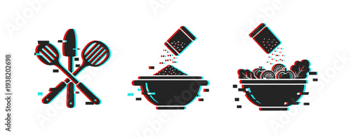Kitchen utensils crossed with seasoning bowls on white background. Glitch effect