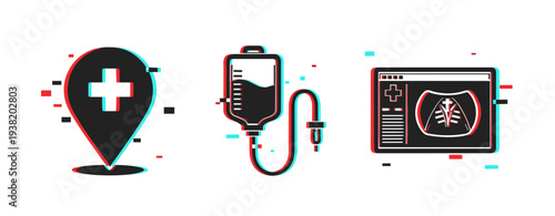 Medical icons showing emergency care symbols on white background. Glitch effect