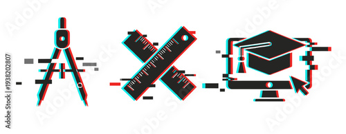 Drafting compass, crossed ruler, and online graduation cap icons on white. Glitch effect