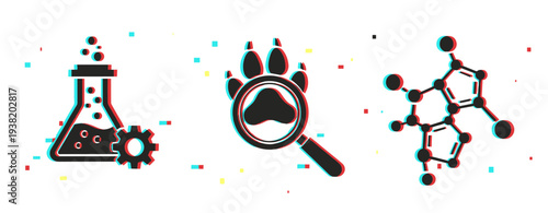 Laboratory flask with paw magnifier and molecule icons on white. Glitch effect