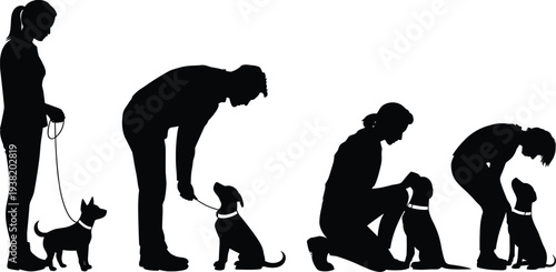 Silhouette progression of a person training a puppy on a leash vector illustration