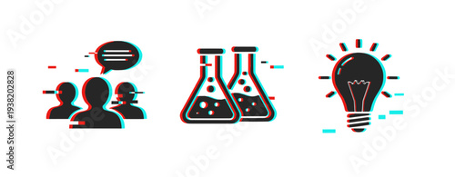 Group discussion flasks and light bulb icons on white. Glitch effect