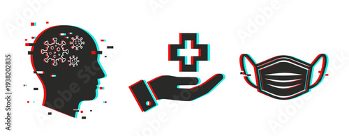 Head silhouette showing virus with hand offering medical aid and mask. Glitch effect