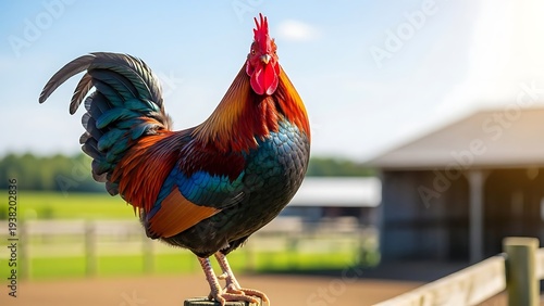 Colorful rooster standing proudly on farm fence in rural countryside with green fields and barn