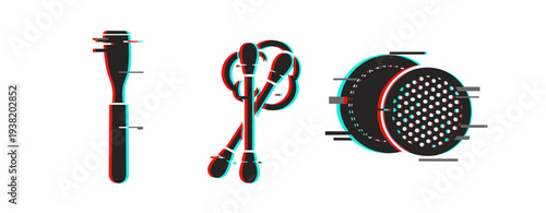 Assorted personal care and kitchen tools displayed against white. Glitch effect