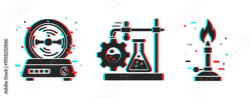 Science equipment icons showing lab apparatus on white background. Glitch effect