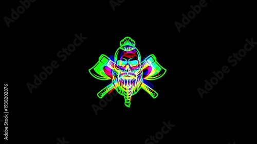 Animated bearded viking skull with a stylish haircut, flanked by two crossed battle axes, featuring a heavy digital glitch effect and RGB shifts on a black background.