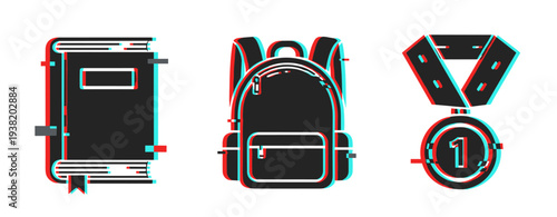 Three school icons showing notebook backpack and medal awards. Glitch effect