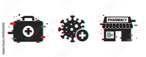 Medical kit virus and pharmacy icons displayed on white background. Glitch effect