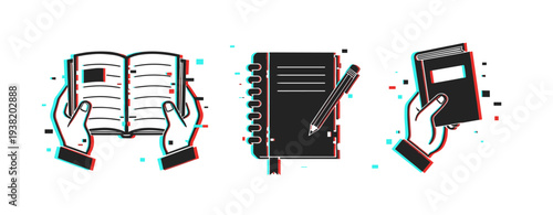 Hands holding open book and closed notebook on white background. Glitch effect