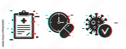 Medical icons showing medication timing and virus approval. Glitch effect
