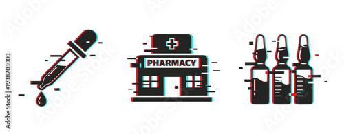Medical icons arranged with glitch effect on white background. Glitch effect