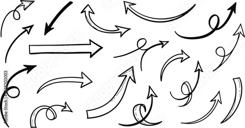 Set of hand drawn doodle arrows featuring curved swirls pointing directions and sketch style graphic elements for infographics.