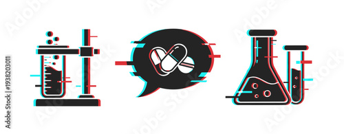 Pharmaceutical icons representing pills and lab testing. Glitch effect