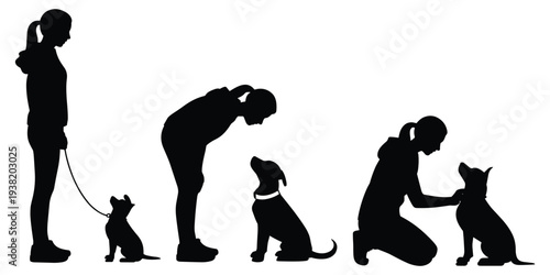 Silhouette progression of a person training a puppy on a leash vector illustration