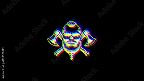 Animated bearded viking skull with a stylish haircut, flanked by two crossed battle axes, featuring a heavy digital glitch effect and RGB shifts on a black background.