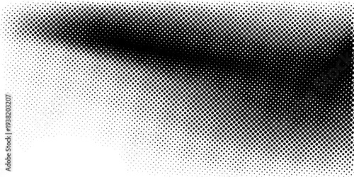 Black halftone dot wave pattern. Abstract grain fluid texture. Dotted curve wallpaper. Grit undulate swoosh overlay for poster, banner, brochure, flyer, leaflet, brochure. Vector rasterized background
