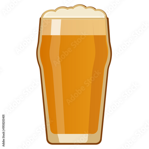 Classic Pint Glass Illustration, Lager Beer Vector Graphic. A versatile vector illustration of a standard pint glass (nonick style) filled with amber lager and a creamy foam head. Flat design isolated