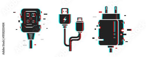 Glitch art style charging cables: usb, micro usb, and plug adapters display