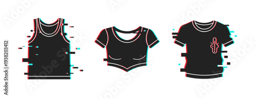 Glitch art style illustrations of tank top, crop top, and t-shirt clothing designs