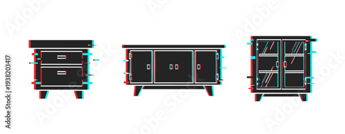 Stylized 3d effect cabinet illustrations with anaglyph design