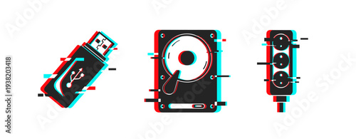 Glitch art of usb drive, hard disk, and power strip with anaglyph effect
