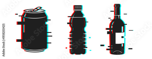 Abstract glitch art of beverage containers in tricolor effect