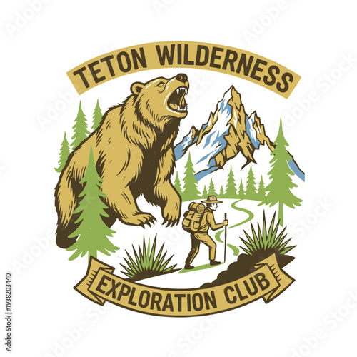 Teton Wilderness bear mountain artwork. Outdoor exploration club design. Vintage graphic print for apparel. Wild nature adventure. Hiker in mountains.