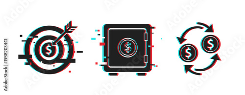Digital finance symbols: target, safe, currency exchange with glitch effect