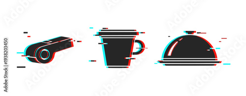 Glitch art: whistle, coffee cup, and cloche in distorted 3d effect
