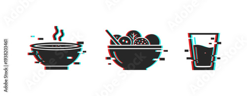 Glitch art style: soup, salad, and juice icons with retro digital effect
