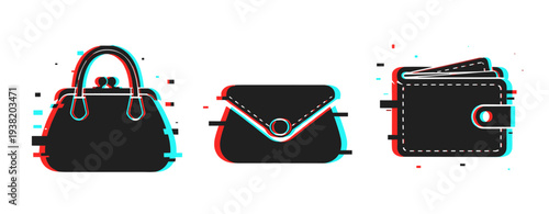 Digital glitch art of handbag, clutch, and wallet icons with anaglyph effect