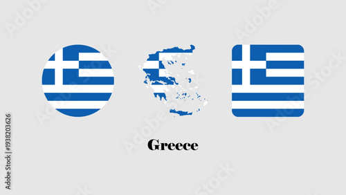 Greece flag set. Greece flag vector on circle, map, and simple. Flag of Greece on gray background