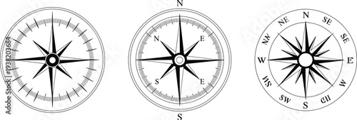 Three black and white compass rose illustrations with directional markings navigation north