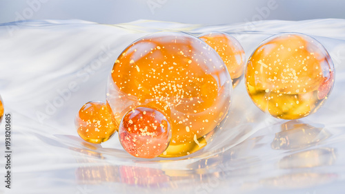 Hyaluronic acid or Moisturizer serum drop, essential Oil Bubbles for cosmetics in water, beauty cosmetic concept, Collagen and vitamin, Skin solution for reducing wrinkles, skin absorption, 3d render