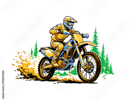 Motocross dirt bike racing design. Extreme off road adventure. Speed action graphic print. Motorbike for apparel design. Forest trail championship.