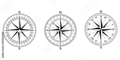 Three Black and White Compass Rose Designs with Cardinal and Intercardinal Directions navigation north