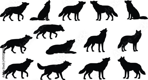 Collection of twelve wolf silhouettes in various poses including howling, standing, walking, sitting, and lying down for design