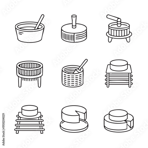 Various traditional korean cooking tools and food preparation in black and white line