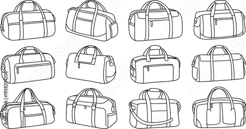 Twelve black and white line art illustrations of various duffel bags Keywords: duffel bag, luggage, travel bag, sports bag, gym