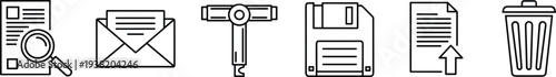 Set of minimalist computer interface line icons featuring search document mail envelope floppy disk save upload and trash bin vector.
