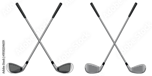 Two pairs of crossed golf clubs on white background Keywords: golf, club, sport, equipment, game, hobby, recreation, athletic