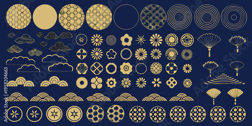 Collection of traditional japanese mon and kumiko geometric patterns in gold