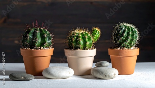 Three cacti in pots with smooth stones against dark wood background in natural lighting
