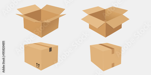 Four brown cardboard boxes in different perspectives and configurations