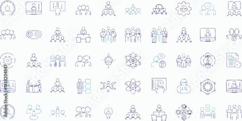 Collection of linear business and teamwork related icon illustrations
