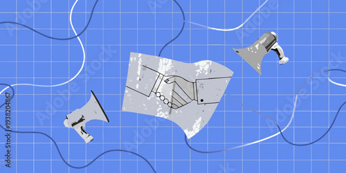 Two vintage megaphones broadcasting toward a distressed abstract flag